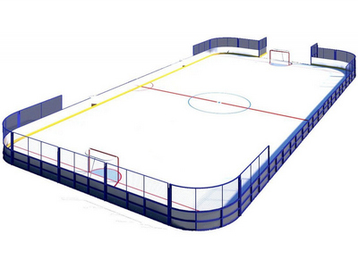 Хоккейный корт обшитый листами из ламинированной фанеры, сетка рабица за воротами